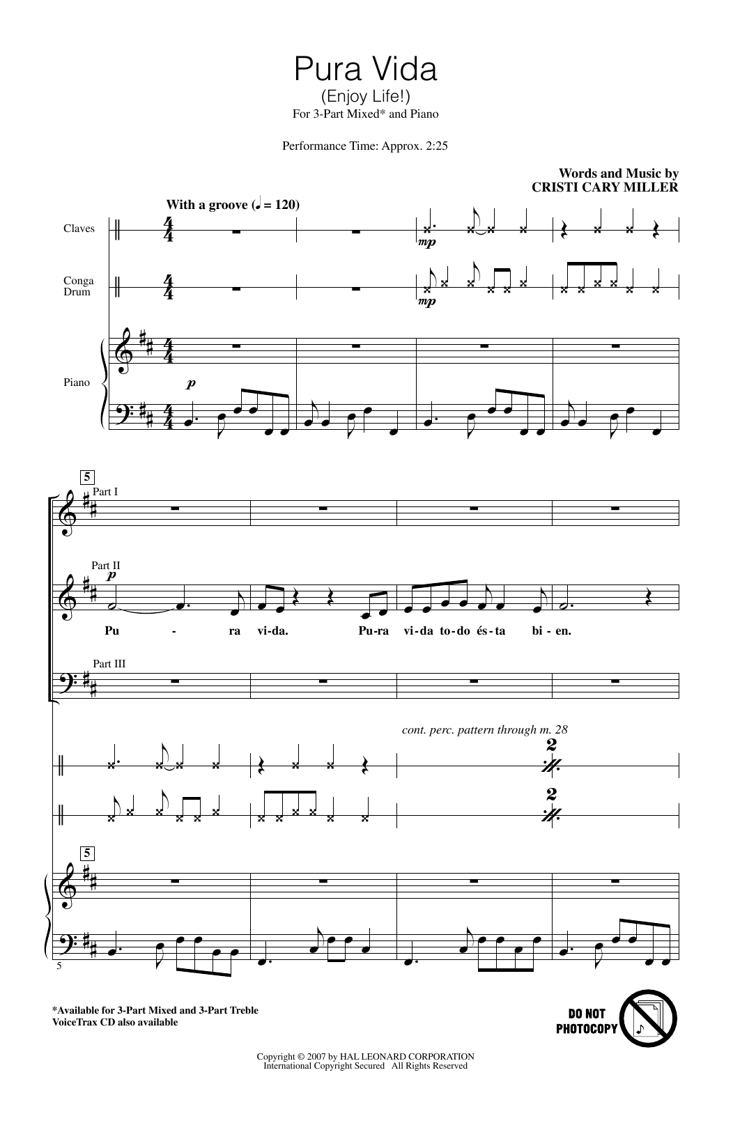 Preview Cristi Cary Miller Pura Vida (Enjoy Life) Festival sheet music, notes and chords for 3-Part Mixed Choir, SKU: 408644 sheet music, piano notes, chords, guitar tabs, score, transpose, transcribe, how to play, guide, download, learn, tutorial, progression, song, artist, awards, billboard, mtv, vh1, tour, single, album, release