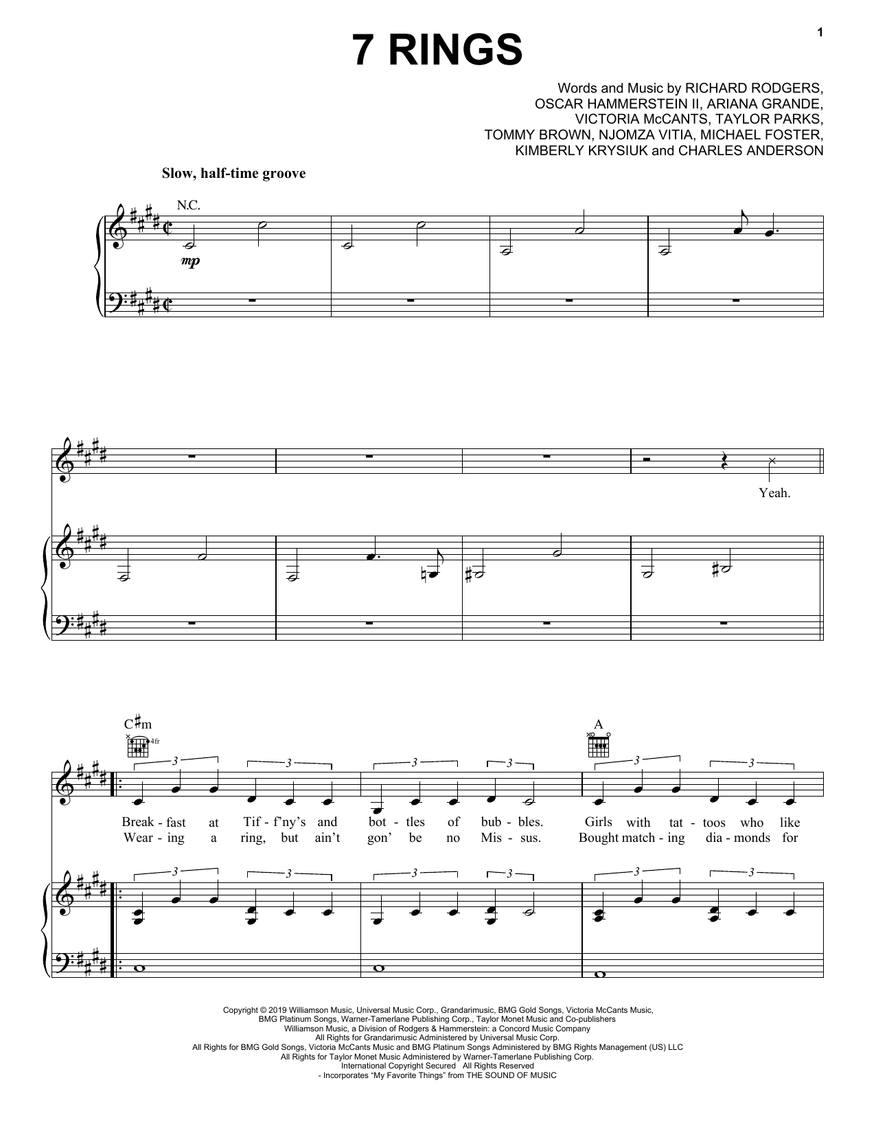 Preview Ariana Grande 7 Rings Pop sheet music, notes and chords for Piano, Vocal & Guitar (Right-Hand Melody), SKU: 408704 sheet music, piano notes, chords, guitar tabs, score, transpose, transcribe, how to play, guide, download, learn, tutorial, progression, song, artist, awards, billboard, mtv, vh1, tour, single, album, release