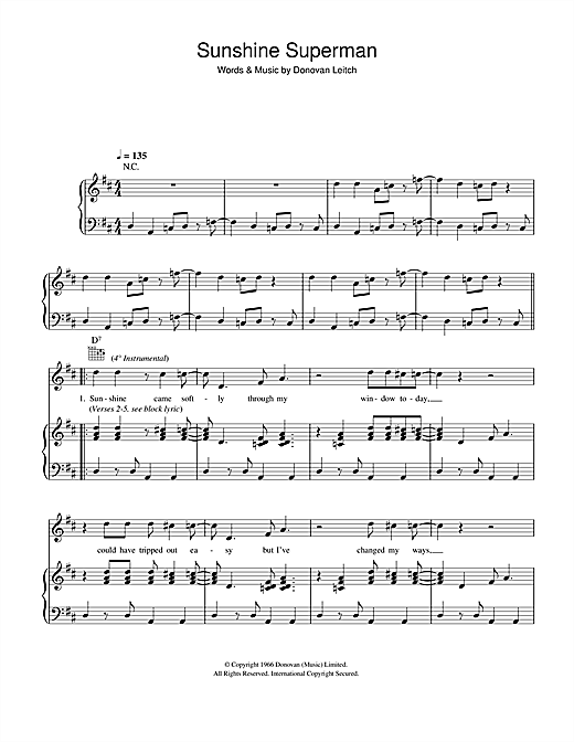 Preview Donovan Sunshine Superman Pop sheet music, notes and chords for Piano, Vocal & Guitar (Right-Hand Melody), SKU: 40873 sheet music, piano notes, chords, guitar tabs, score, transpose, transcribe, how to play, guide, download, learn, tutorial, progression, song, artist, awards, billboard, mtv, vh1, tour, single, album, release