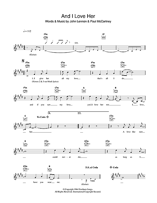 Preview The Beatles And I Love Her Pop sheet music, notes and chords for Melody Line, Lyrics & Chords, SKU: 40874 sheet music, piano notes, chords, guitar tabs, score, transpose, transcribe, how to play, guide, download, learn, tutorial, progression, song, artist, awards, billboard, mtv, vh1, tour, single, album, release