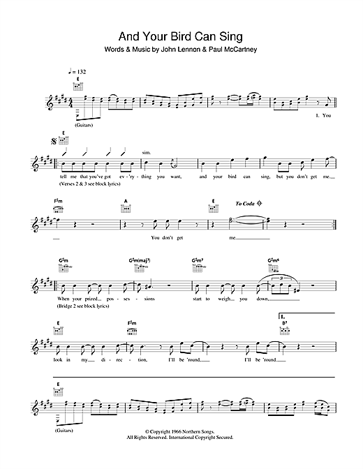 Preview The Beatles And Your Bird Can Sing Pop sheet music, notes and chords for Melody Line, Lyrics & Chords, SKU: 40875 sheet music, piano notes, chords, guitar tabs, score, transpose, transcribe, how to play, guide, download, learn, tutorial, progression, song, artist, awards, billboard, mtv, vh1, tour, single, album, release