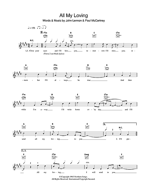 Preview The Beatles All My Loving Pop sheet music, notes and chords for Melody Line, Lyrics & Chords, SKU: 40882 sheet music, piano notes, chords, guitar tabs, score, transpose, transcribe, how to play, guide, download, learn, tutorial, progression, song, artist, awards, billboard, mtv, vh1, tour, single, album, release