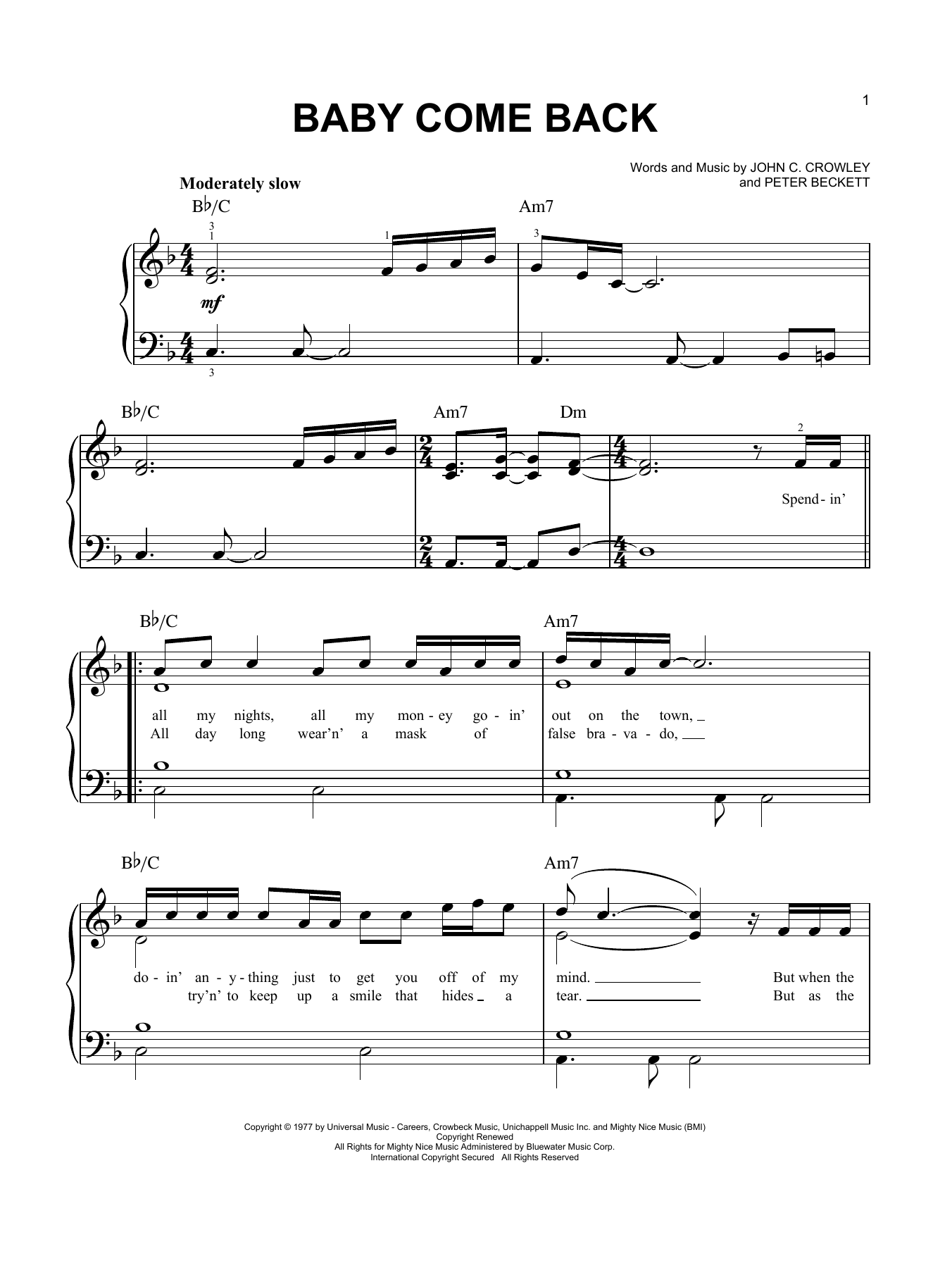 Preview Player Baby Come Back Pop sheet music, notes and chords for Easy Piano, SKU: 408858 sheet music, piano notes, chords, guitar tabs, score, transpose, transcribe, how to play, guide, download, learn, tutorial, progression, song, artist, awards, billboard, mtv, vh1, tour, single, album, release