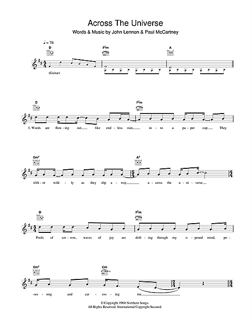 Preview The Beatles Across The Universe Pop sheet music, notes and chords for Melody Line, Lyrics & Chords, SKU: 40890 sheet music, piano notes, chords, guitar tabs, score, transpose, transcribe, how to play, guide, download, learn, tutorial, progression, song, artist, awards, billboard, mtv, vh1, tour, single, album, release