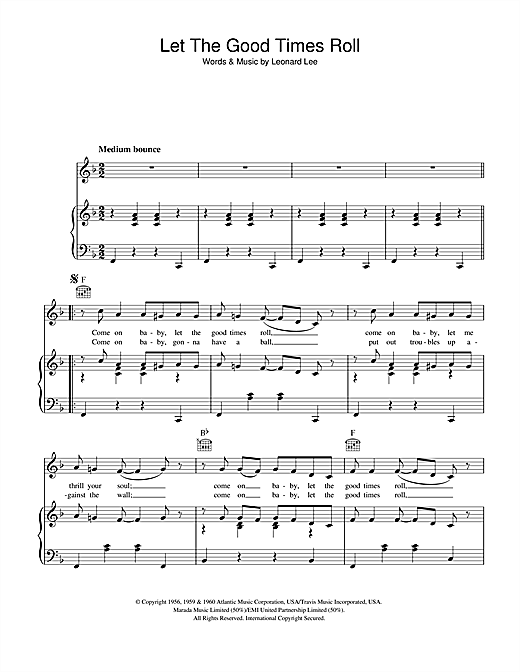 Preview Shirley & Lee Let The Good Times Roll Pop sheet music, notes and chords for Piano, Vocal & Guitar (Right-Hand Melody), SKU: 40894 sheet music, piano notes, chords, guitar tabs, score, transpose, transcribe, how to play, guide, download, learn, tutorial, progression, song, artist, awards, billboard, mtv, vh1, tour, single, album, release