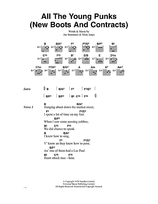 Preview The Clash All The Young Punks (New Boots And Contracts) Rock sheet music, notes and chords for Lyrics & Chords, SKU: 40896 sheet music, piano notes, chords, guitar tabs, score, transpose, transcribe, how to play, guide, download, learn, tutorial, progression, song, artist, awards, billboard, mtv, vh1, tour, single, album, release