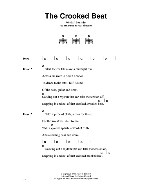 Preview The Clash The Crooked Beat Rock sheet music, notes and chords for Lyrics & Chords, SKU: 40897 sheet music, piano notes, chords, guitar tabs, score, transpose, transcribe, how to play, guide, download, learn, tutorial, progression, song, artist, awards, billboard, mtv, vh1, tour, single, album, release