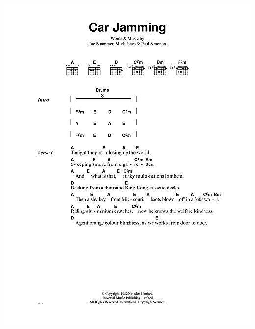 Preview The Clash Car Jamming Rock sheet music, notes and chords for Lyrics & Chords, SKU: 40898 sheet music, piano notes, chords, guitar tabs, score, transpose, transcribe, how to play, guide, download, learn, tutorial, progression, song, artist, awards, billboard, mtv, vh1, tour, single, album, release