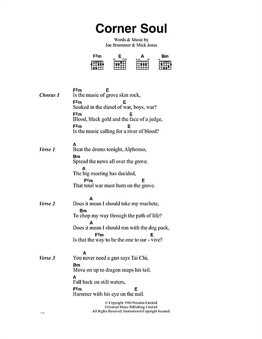 Preview The Clash Corner Soul Rock sheet music, notes and chords for Lyrics & Chords, SKU: 40901 sheet music, piano notes, chords, guitar tabs, score, transpose, transcribe, how to play, guide, download, learn, tutorial, progression, song, artist, awards, billboard, mtv, vh1, tour, single, album, release