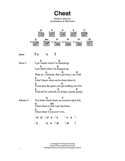 Preview The Clash Cheat Rock sheet music, notes and chords for Lyrics & Chords, SKU: 40906 sheet music, piano notes, chords, guitar tabs, score, transpose, transcribe, how to play, guide, download, learn, tutorial, progression, song, artist, awards, billboard, mtv, vh1, tour, single, album, release
