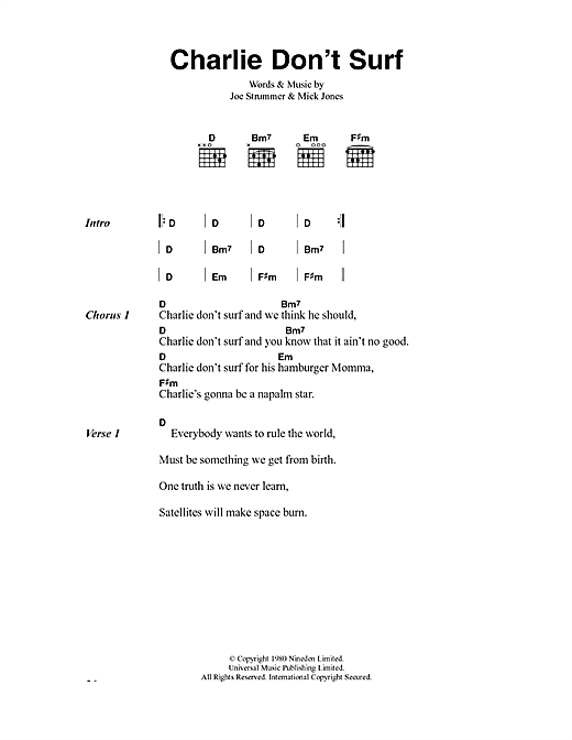 Preview The Clash Charlie Don't Surf Rock sheet music, notes and chords for Lyrics & Chords, SKU: 40908 sheet music, piano notes, chords, guitar tabs, score, transpose, transcribe, how to play, guide, download, learn, tutorial, progression, song, artist, awards, billboard, mtv, vh1, tour, single, album, release