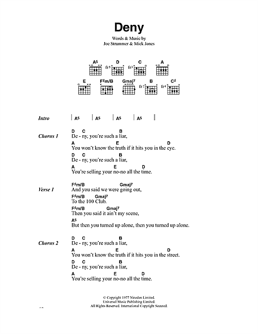 Preview The Clash Deny Rock sheet music, notes and chords for Lyrics & Chords, SKU: 40909 sheet music, piano notes, chords, guitar tabs, score, transpose, transcribe, how to play, guide, download, learn, tutorial, progression, song, artist, awards, billboard, mtv, vh1, tour, single, album, release