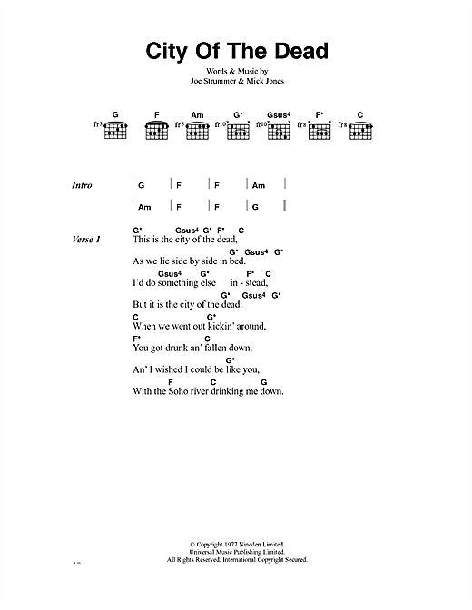 Preview The Clash City Of The Dead Rock sheet music, notes and chords for Lyrics & Chords, SKU: 40910 sheet music, piano notes, chords, guitar tabs, score, transpose, transcribe, how to play, guide, download, learn, tutorial, progression, song, artist, awards, billboard, mtv, vh1, tour, single, album, release