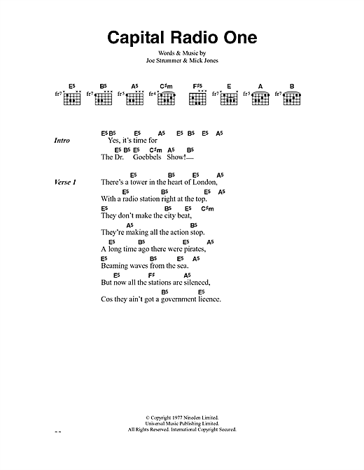 Preview The Clash Capital Radio One Rock sheet music, notes and chords for Lyrics & Chords, SKU: 40911 sheet music, piano notes, chords, guitar tabs, score, transpose, transcribe, how to play, guide, download, learn, tutorial, progression, song, artist, awards, billboard, mtv, vh1, tour, single, album, release