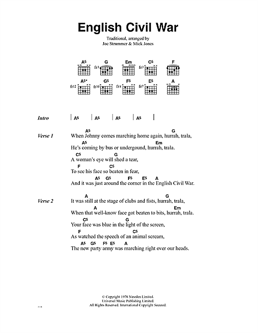 Preview The Clash English Civil War Rock sheet music, notes and chords for Lyrics & Chords, SKU: 40912 sheet music, piano notes, chords, guitar tabs, score, transpose, transcribe, how to play, guide, download, learn, tutorial, progression, song, artist, awards, billboard, mtv, vh1, tour, single, album, release