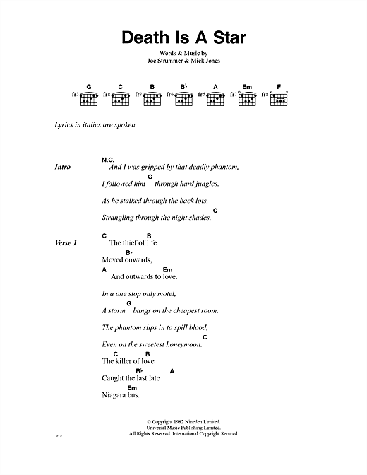 Preview The Clash Death Is A Star Rock sheet music, notes and chords for Lyrics & Chords, SKU: 40914 sheet music, piano notes, chords, guitar tabs, score, transpose, transcribe, how to play, guide, download, learn, tutorial, progression, song, artist, awards, billboard, mtv, vh1, tour, single, album, release