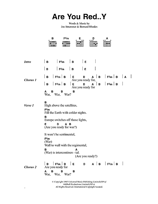 Preview The Clash Are You Red..Y Rock sheet music, notes and chords for Lyrics & Chords, SKU: 40915 sheet music, piano notes, chords, guitar tabs, score, transpose, transcribe, how to play, guide, download, learn, tutorial, progression, song, artist, awards, billboard, mtv, vh1, tour, single, album, release