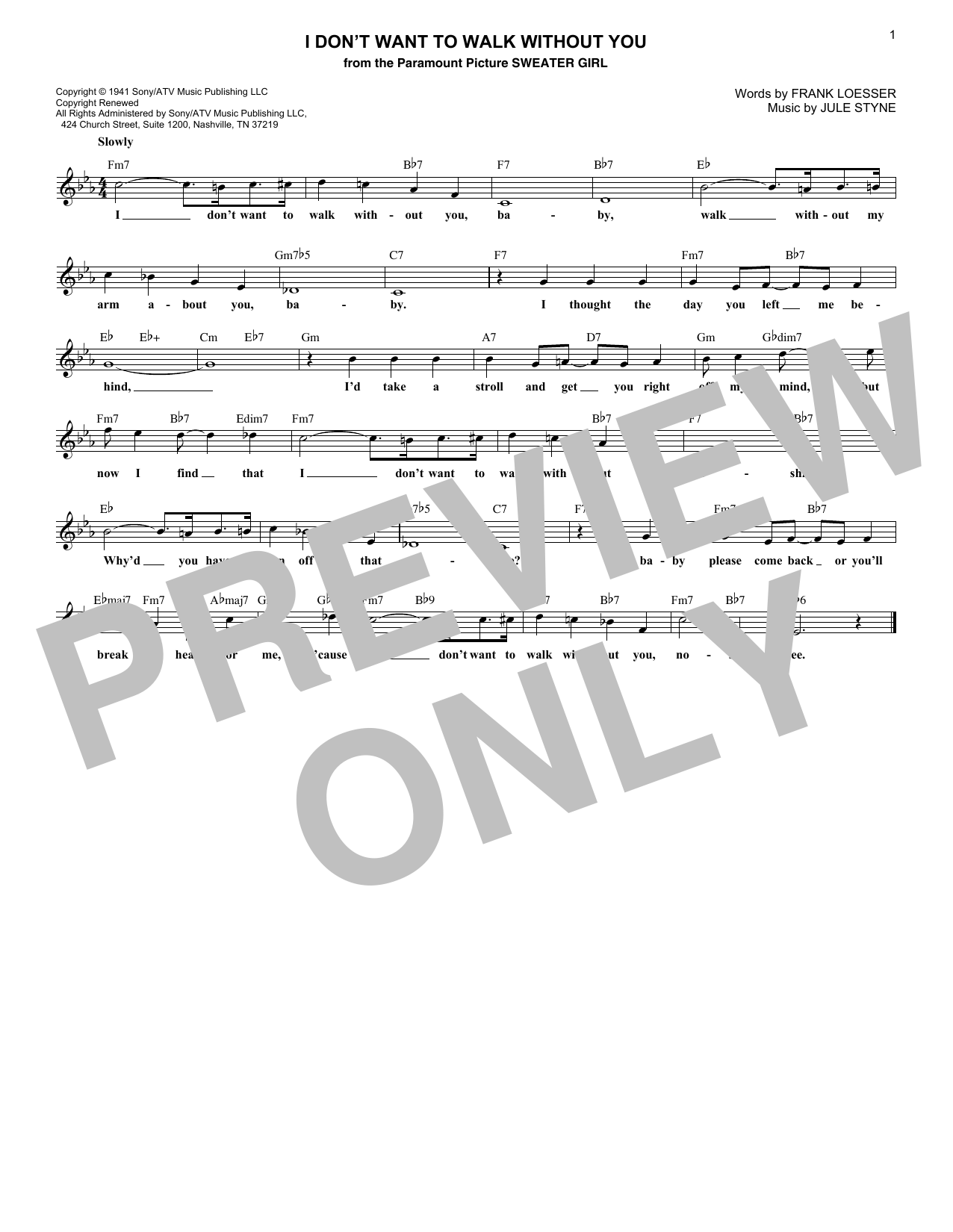 Preview Frank Loesser I Don't Want To Walk Without You Standards sheet music, notes and chords for Lead Sheet / Fake Book, SKU: 409167 sheet music, piano notes, chords, guitar tabs, score, transpose, transcribe, how to play, guide, download, learn, tutorial, progression, song, artist, awards, billboard, mtv, vh1, tour, single, album, release