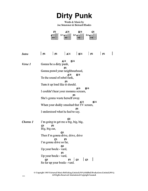 Preview The Clash Dirty Punk Rock sheet music, notes and chords for Lyrics & Chords, SKU: 40916 sheet music, piano notes, chords, guitar tabs, score, transpose, transcribe, how to play, guide, download, learn, tutorial, progression, song, artist, awards, billboard, mtv, vh1, tour, single, album, release