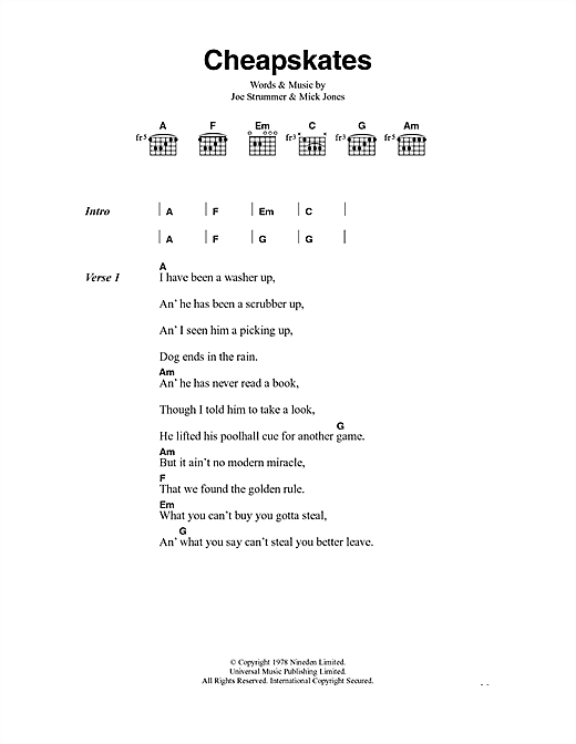 Preview The Clash Cheapskates Rock sheet music, notes and chords for Lyrics & Chords, SKU: 40917 sheet music, piano notes, chords, guitar tabs, score, transpose, transcribe, how to play, guide, download, learn, tutorial, progression, song, artist, awards, billboard, mtv, vh1, tour, single, album, release