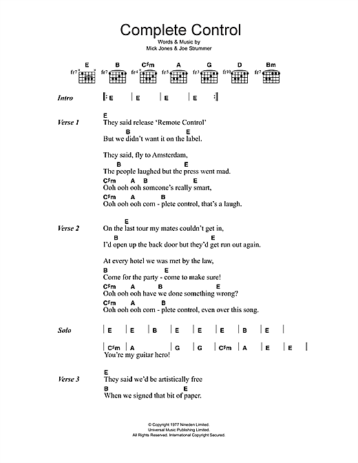 Preview The Clash Complete Control Rock sheet music, notes and chords for Lyrics & Chords, SKU: 40918 sheet music, piano notes, chords, guitar tabs, score, transpose, transcribe, how to play, guide, download, learn, tutorial, progression, song, artist, awards, billboard, mtv, vh1, tour, single, album, release