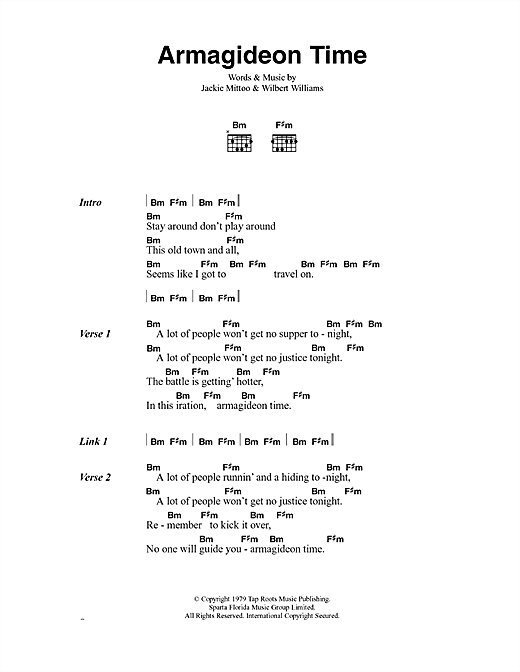 Preview The Clash Armagideon Time Rock sheet music, notes and chords for Lyrics & Chords, SKU: 40919 sheet music, piano notes, chords, guitar tabs, score, transpose, transcribe, how to play, guide, download, learn, tutorial, progression, song, artist, awards, billboard, mtv, vh1, tour, single, album, release