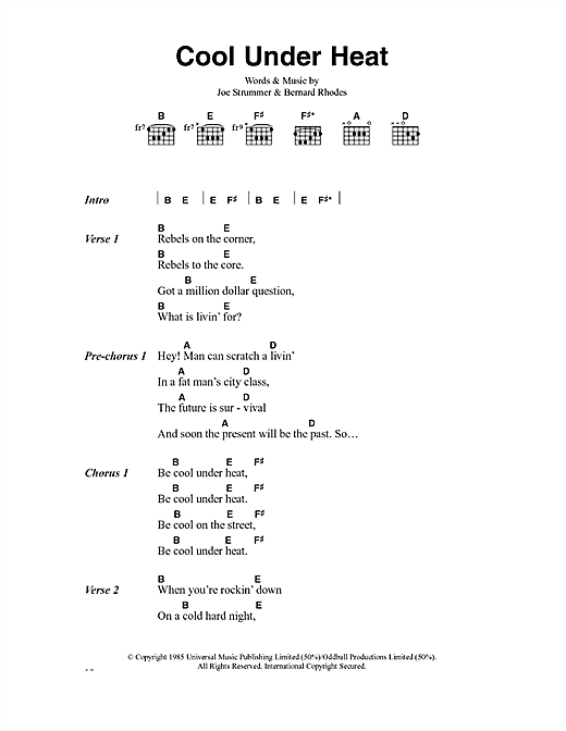 Preview The Clash Cool Under Heat Rock sheet music, notes and chords for Lyrics & Chords, SKU: 40920 sheet music, piano notes, chords, guitar tabs, score, transpose, transcribe, how to play, guide, download, learn, tutorial, progression, song, artist, awards, billboard, mtv, vh1, tour, single, album, release