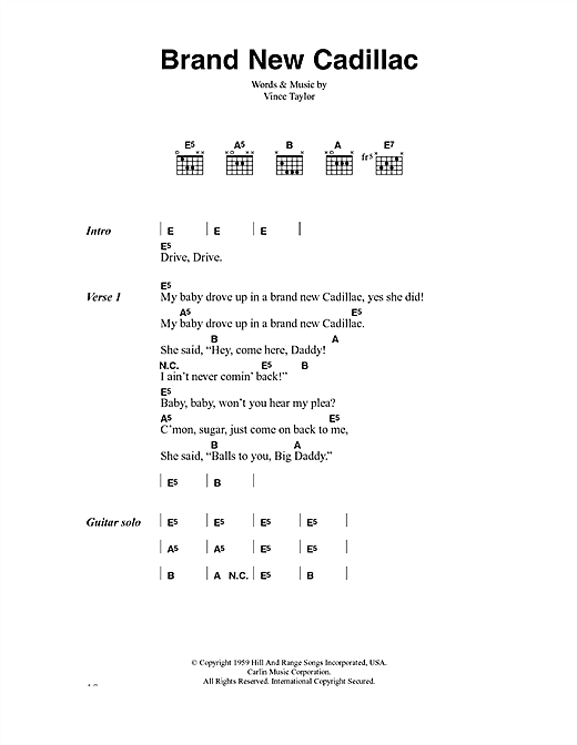 Preview The Clash Brand New Cadillac Rock sheet music, notes and chords for Lyrics & Chords, SKU: 40924 sheet music, piano notes, chords, guitar tabs, score, transpose, transcribe, how to play, guide, download, learn, tutorial, progression, song, artist, awards, billboard, mtv, vh1, tour, single, album, release