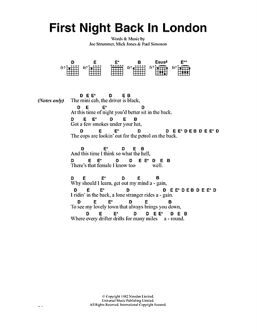 Preview The Clash First Night Back In London Rock sheet music, notes and chords for Lyrics & Chords, SKU: 40930 sheet music, piano notes, chords, guitar tabs, score, transpose, transcribe, how to play, guide, download, learn, tutorial, progression, song, artist, awards, billboard, mtv, vh1, tour, single, album, release