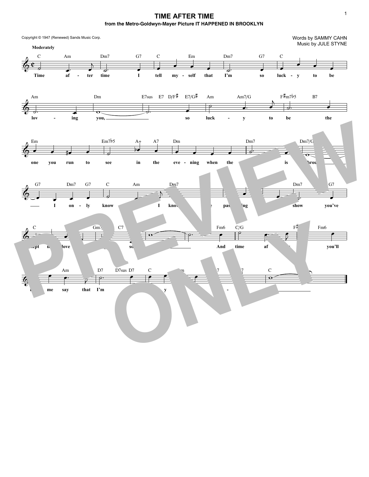 Preview Jule Styne Time After Time Wedding sheet music, notes and chords for Lead Sheet / Fake Book, SKU: 409338 sheet music, piano notes, chords, guitar tabs, score, transpose, transcribe, how to play, guide, download, learn, tutorial, progression, song, artist, awards, billboard, mtv, vh1, tour, single, album, release