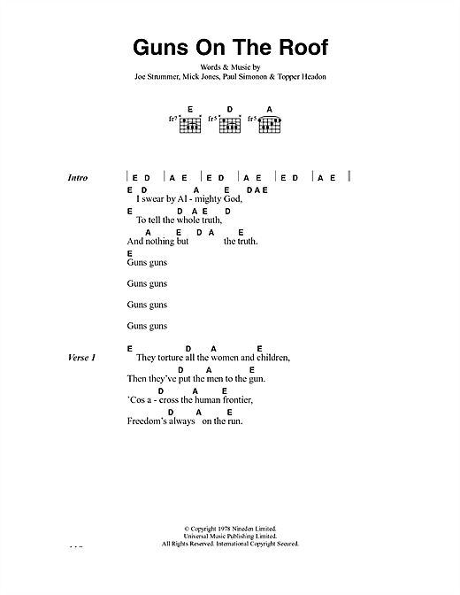Preview The Clash Guns On The Roof Rock sheet music, notes and chords for Lyrics & Chords, SKU: 40935 sheet music, piano notes, chords, guitar tabs, score, transpose, transcribe, how to play, guide, download, learn, tutorial, progression, song, artist, awards, billboard, mtv, vh1, tour, single, album, release