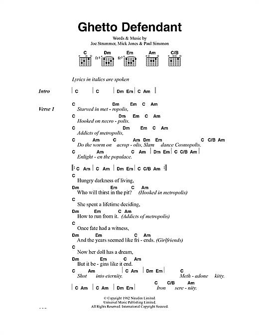 Preview The Clash Ghetto Defendant Rock sheet music, notes and chords for Lyrics & Chords, SKU: 40957 sheet music, piano notes, chords, guitar tabs, score, transpose, transcribe, how to play, guide, download, learn, tutorial, progression, song, artist, awards, billboard, mtv, vh1, tour, single, album, release