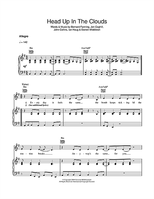 Preview Powderfinger Head Up In The Clouds Australian sheet music, notes and chords for Piano, Vocal & Guitar (Right-Hand Melody), SKU: 40968 sheet music, piano notes, chords, guitar tabs, score, transpose, transcribe, how to play, guide, download, learn, tutorial, progression, song, artist, awards, billboard, mtv, vh1, tour, single, album, release