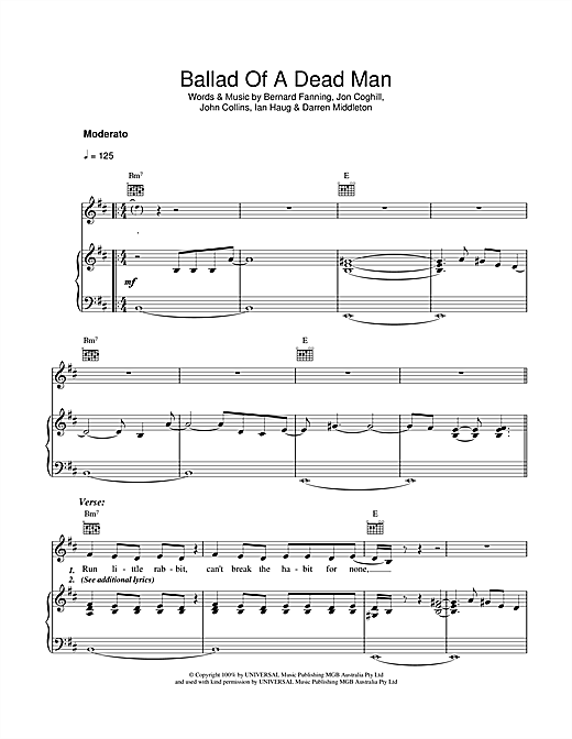 Preview Powderfinger Ballad Of A Dead Man Australian sheet music, notes and chords for Piano, Vocal & Guitar (Right-Hand Melody), SKU: 40969 sheet music, piano notes, chords, guitar tabs, score, transpose, transcribe, how to play, guide, download, learn, tutorial, progression, song, artist, awards, billboard, mtv, vh1, tour, single, album, release
