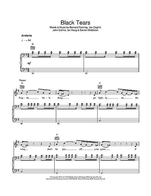 Preview Powderfinger Black Tears Australian sheet music, notes and chords for Piano, Vocal & Guitar, SKU: 40970 sheet music, piano notes, chords, guitar tabs, score, transpose, transcribe, how to play, guide, download, learn, tutorial, progression, song, artist, awards, billboard, mtv, vh1, tour, single, album, release