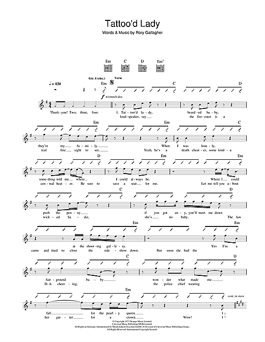 Preview Rory Gallagher Tattoo'd Lady Rock sheet music, notes and chords for Guitar Tab, SKU: 40972 sheet music, piano notes, chords, guitar tabs, score, transpose, transcribe, how to play, guide, download, learn, tutorial, progression, song, artist, awards, billboard, mtv, vh1, tour, single, album, release