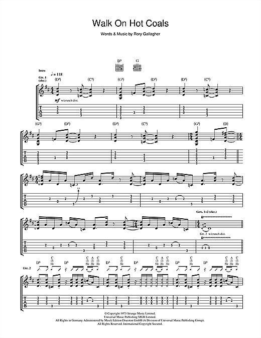 Preview Rory Gallagher Walk On Hot Coals Rock sheet music, notes and chords for Guitar Tab, SKU: 40977 sheet music, piano notes, chords, guitar tabs, score, transpose, transcribe, how to play, guide, download, learn, tutorial, progression, song, artist, awards, billboard, mtv, vh1, tour, single, album, release