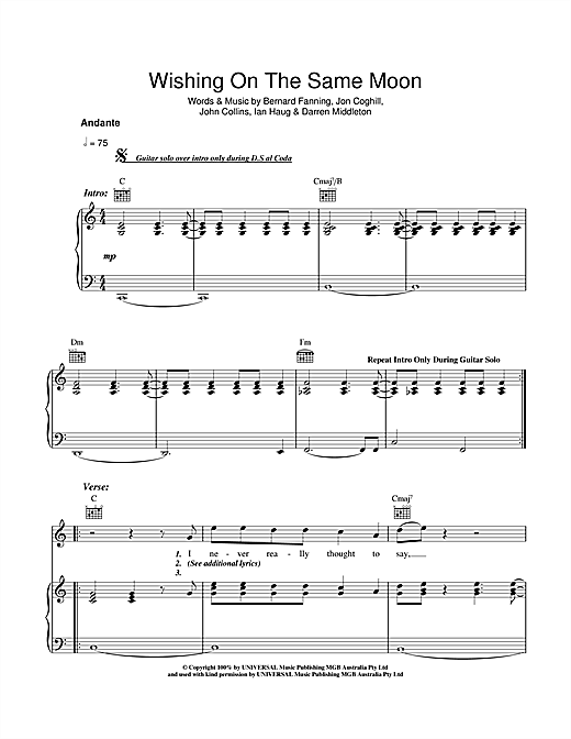Preview Powderfinger Wishing On The Same Moon Australian sheet music, notes and chords for Piano, Vocal & Guitar (Right-Hand Melody), SKU: 40979 sheet music, piano notes, chords, guitar tabs, score, transpose, transcribe, how to play, guide, download, learn, tutorial, progression, song, artist, awards, billboard, mtv, vh1, tour, single, album, release