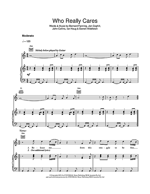 Preview Powderfinger Who Really Cares Australian sheet music, notes and chords for Piano, Vocal & Guitar (Right-Hand Melody), SKU: 40980 sheet music, piano notes, chords, guitar tabs, score, transpose, transcribe, how to play, guide, download, learn, tutorial, progression, song, artist, awards, billboard, mtv, vh1, tour, single, album, release