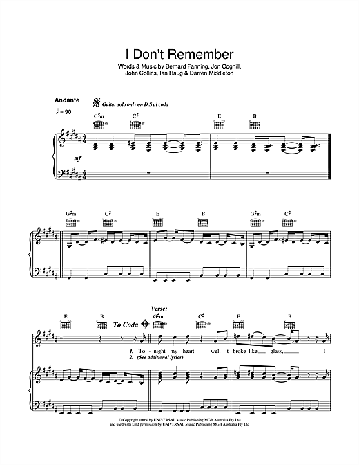 Preview Powderfinger I Don't Remember Australian sheet music, notes and chords for Piano, Vocal & Guitar (Right-Hand Melody), SKU: 40983 sheet music, piano notes, chords, guitar tabs, score, transpose, transcribe, how to play, guide, download, learn, tutorial, progression, song, artist, awards, billboard, mtv, vh1, tour, single, album, release