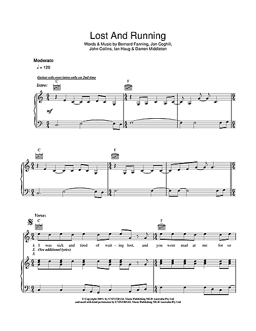 Preview Powderfinger Lost And Running Australian sheet music, notes and chords for Piano, Vocal & Guitar (Right-Hand Melody), SKU: 40984 sheet music, piano notes, chords, guitar tabs, score, transpose, transcribe, how to play, guide, download, learn, tutorial, progression, song, artist, awards, billboard, mtv, vh1, tour, single, album, release