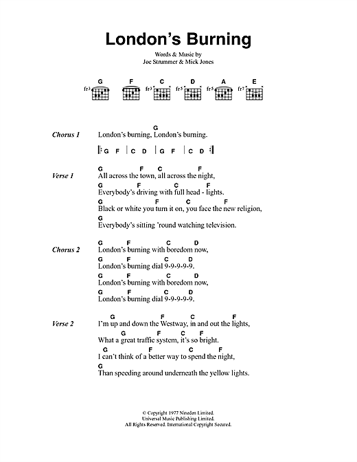 Preview The Clash London's Burning Rock sheet music, notes and chords for Lyrics & Chords, SKU: 40987 sheet music, piano notes, chords, guitar tabs, score, transpose, transcribe, how to play, guide, download, learn, tutorial, progression, song, artist, awards, billboard, mtv, vh1, tour, single, album, release