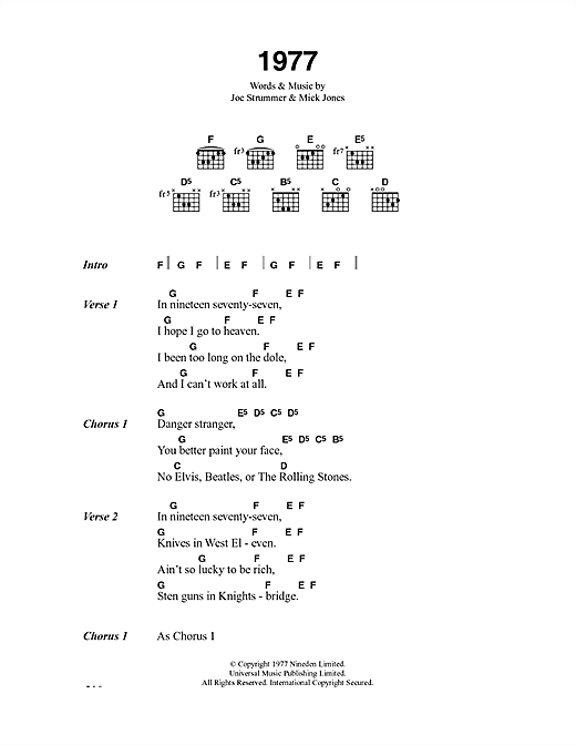Preview The Clash 1977 Rock sheet music, notes and chords for Lyrics & Chords, SKU: 40990 sheet music, piano notes, chords, guitar tabs, score, transpose, transcribe, how to play, guide, download, learn, tutorial, progression, song, artist, awards, billboard, mtv, vh1, tour, single, album, release