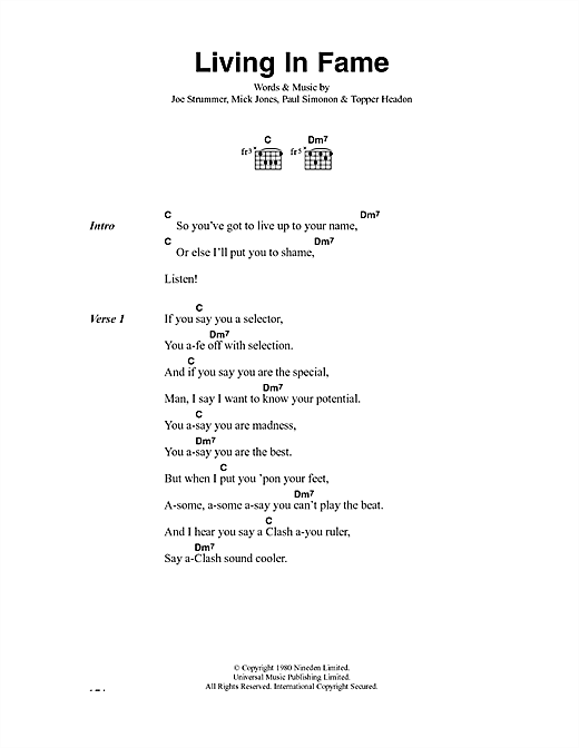 Preview The Clash Living In Fame Rock sheet music, notes and chords for Lyrics & Chords, SKU: 40991 sheet music, piano notes, chords, guitar tabs, score, transpose, transcribe, how to play, guide, download, learn, tutorial, progression, song, artist, awards, billboard, mtv, vh1, tour, single, album, release