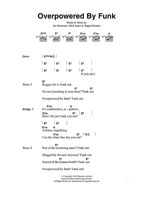 Preview The Clash Overpowered By Funk Rock sheet music, notes and chords for Lyrics & Chords, SKU: 40993 sheet music, piano notes, chords, guitar tabs, score, transpose, transcribe, how to play, guide, download, learn, tutorial, progression, song, artist, awards, billboard, mtv, vh1, tour, single, album, release