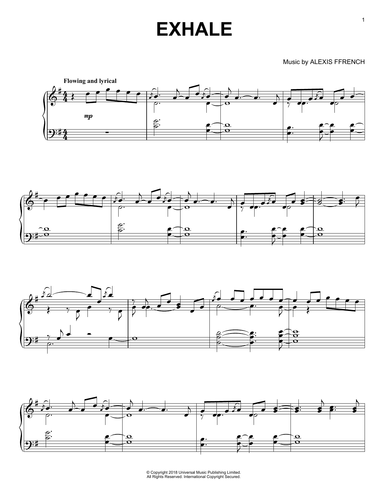 Preview Alexis Ffrench Exhale Classical sheet music, notes and chords for Piano Solo, SKU: 409957 sheet music, piano notes, chords, guitar tabs, score, transpose, transcribe, how to play, guide, download, learn, tutorial, progression, song, artist, awards, billboard, mtv, vh1, tour, single, album, release