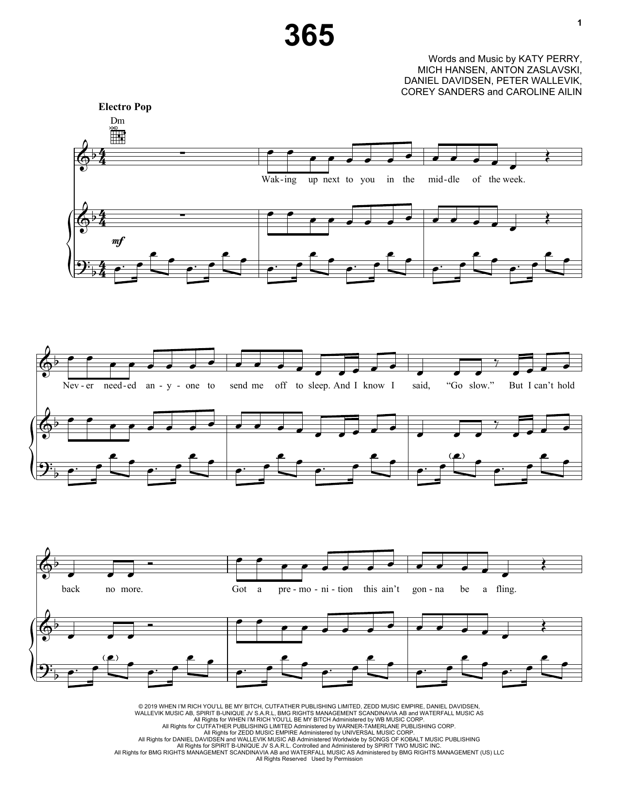 Preview Zedd & Katy Perry 365 Pop sheet music, notes and chords for Piano, Vocal & Guitar (Right-Hand Melody), SKU: 409965 sheet music, piano notes, chords, guitar tabs, score, transpose, transcribe, how to play, guide, download, learn, tutorial, progression, song, artist, awards, billboard, mtv, vh1, tour, single, album, release