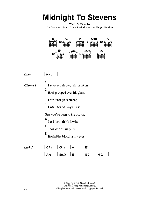 Preview The Clash Midnight To Stevens Rock sheet music, notes and chords for Lyrics & Chords, SKU: 40997 sheet music, piano notes, chords, guitar tabs, score, transpose, transcribe, how to play, guide, download, learn, tutorial, progression, song, artist, awards, billboard, mtv, vh1, tour, single, album, release