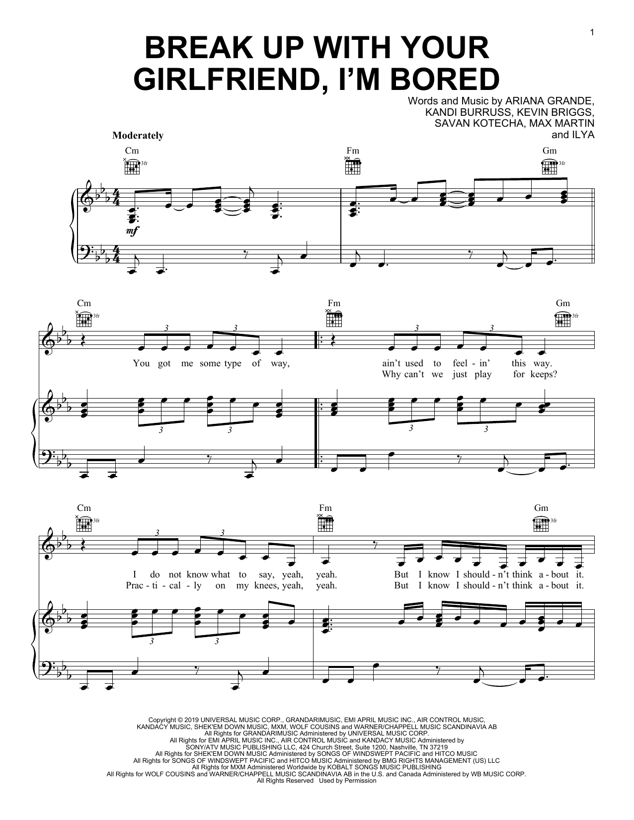 Preview Ariana Grande break up with your girlfriend, i'm bored Pop sheet music, notes and chords for Piano, Vocal & Guitar (Right-Hand Melody), SKU: 409980 sheet music, piano notes, chords, guitar tabs, score, transpose, transcribe, how to play, guide, download, learn, tutorial, progression, song, artist, awards, billboard, mtv, vh1, tour, single, album, release