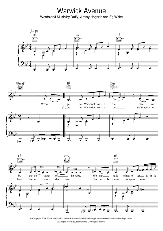 Preview Duffy Warwick Avenue Pop sheet music, notes and chords for Piano, Vocal & Guitar, SKU: 41002 sheet music, piano notes, chords, guitar tabs, score, transpose, transcribe, how to play, guide, download, learn, tutorial, progression, song, artist, awards, billboard, mtv, vh1, tour, single, album, release
